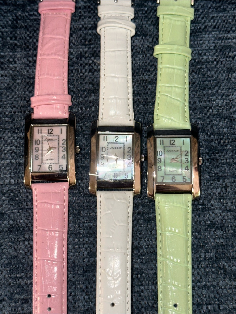 Gossip Women's Rectangular Quartz Watch - set of 3 - Pink, White, Green